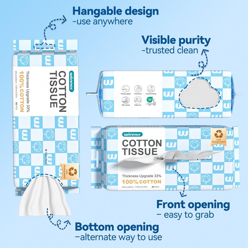 Winner Soft Face Towels, Upgraded Thicker 100% USDA Biobased Facial Towels with Hangable Design, Unscented and Gentle on Sensitive Skin, Disposable Facial Towelettes (80 Count, Pack of 1)