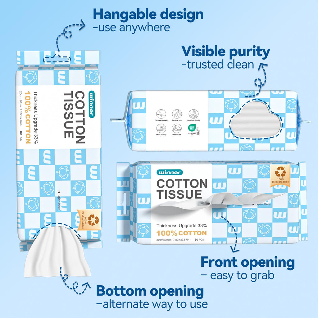 Winner Soft Face Towels, Upgraded Thicker 100% USDA Biobased Facial Towels with Hangable Design, Unscented and Gentle on Sensitive Skin, Disposable Facial Towelettes (480 Count, Pack of 6)