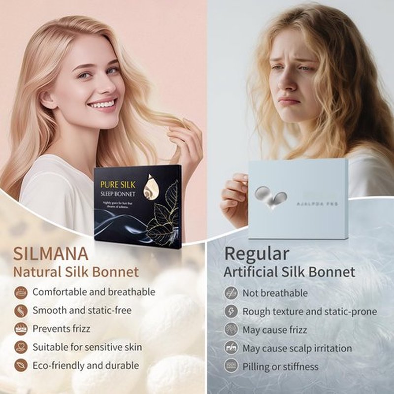 SILMANA Silk Bonnet for Sleeping Women, 22 Momme 100% Mulberry Silk Sleep Cap, Double-Layer Reversible Silk Hair Wrap for Women & Night Hair Care, Fits All Hair Types - Champagne