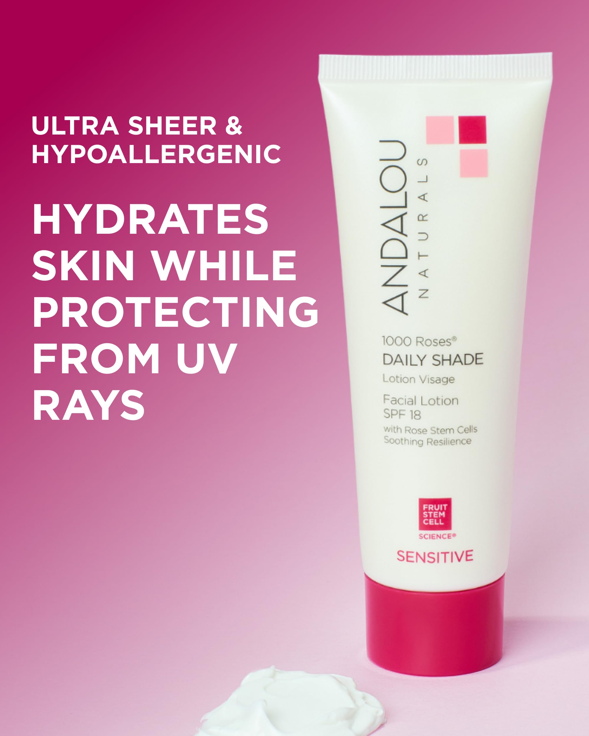 Andalou Naturals 1000 Roses Daily Shade Facial Lotion SPF 18 - 2-in-1 Skin Moisturizer & Face Sunscreen - Ultra Sheer & Hypoallergenic Skincare for Sensitive Skin - With Aloe Vera - 2.7 fl oz