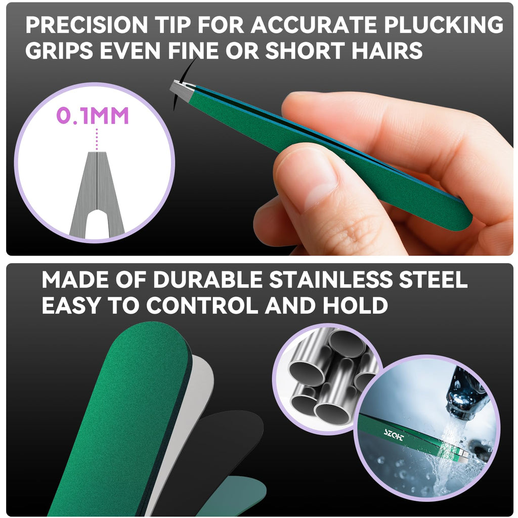 4-Piece Precision Tweezers Set - Stainless Steel Slant, Pointed, Flat & Angled Tips forEyebrow Shaping, Facial & Ingrown Hair Removal - Eco-Friendly Gift Packaging - Women& Men