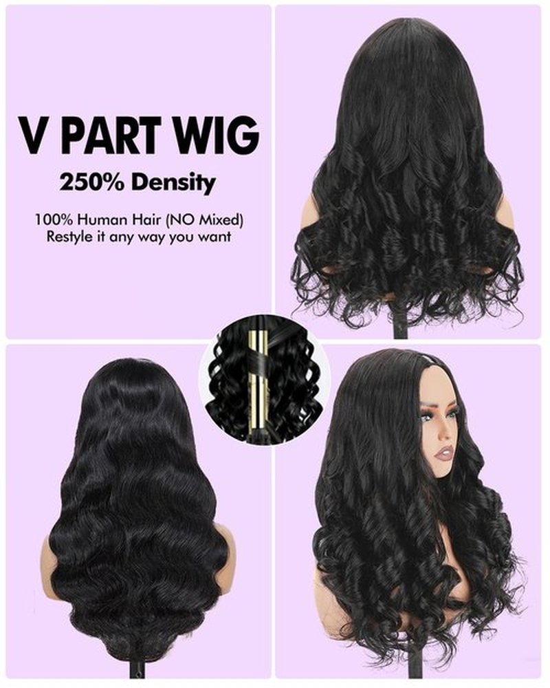 Lysilf V Part Wigs Human Hair 250% Density Body Wave Upgrade U Part Human Hair Wigs with Drawstring No Leave Out No Sew Glueless Clip In Half Wig for Women (Natural Black, 16 Inch)