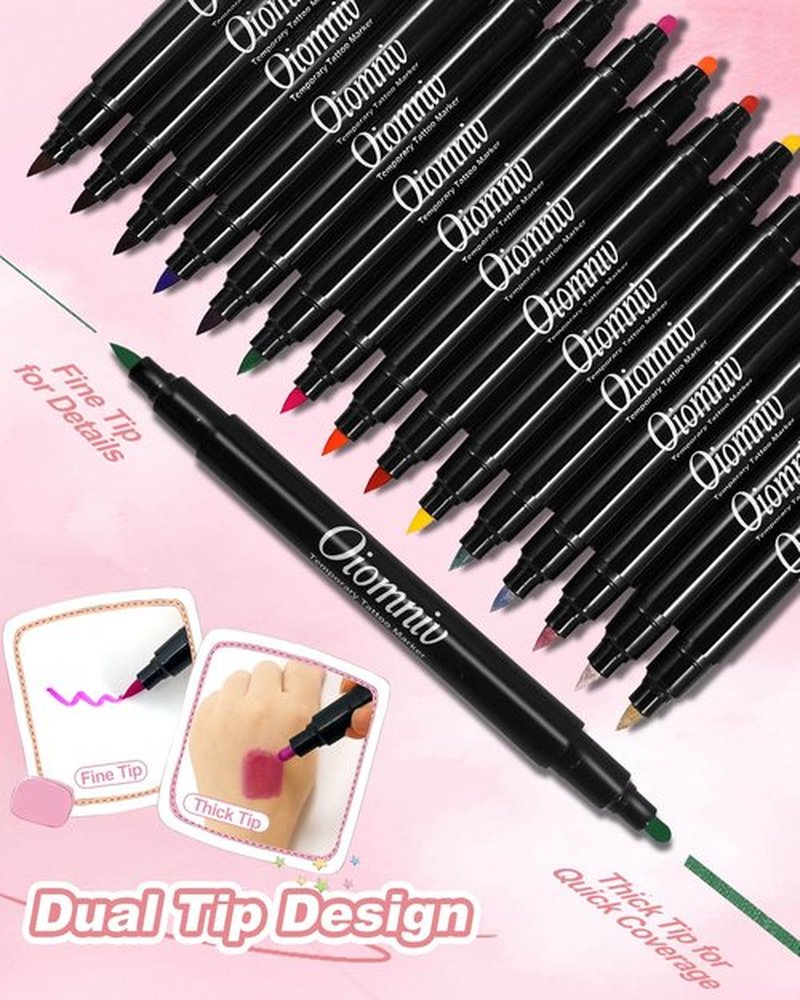 Oiomniv Temporary Tattoo Markers for Skin, 15PCS Body Markers Dual-End for Adults, 78 Tattoo Stencils Temporary 2 Face Gems Sticker, Glitter Matte Neon Tattoo Pens, Flexible Brush Tip, Skin Safe