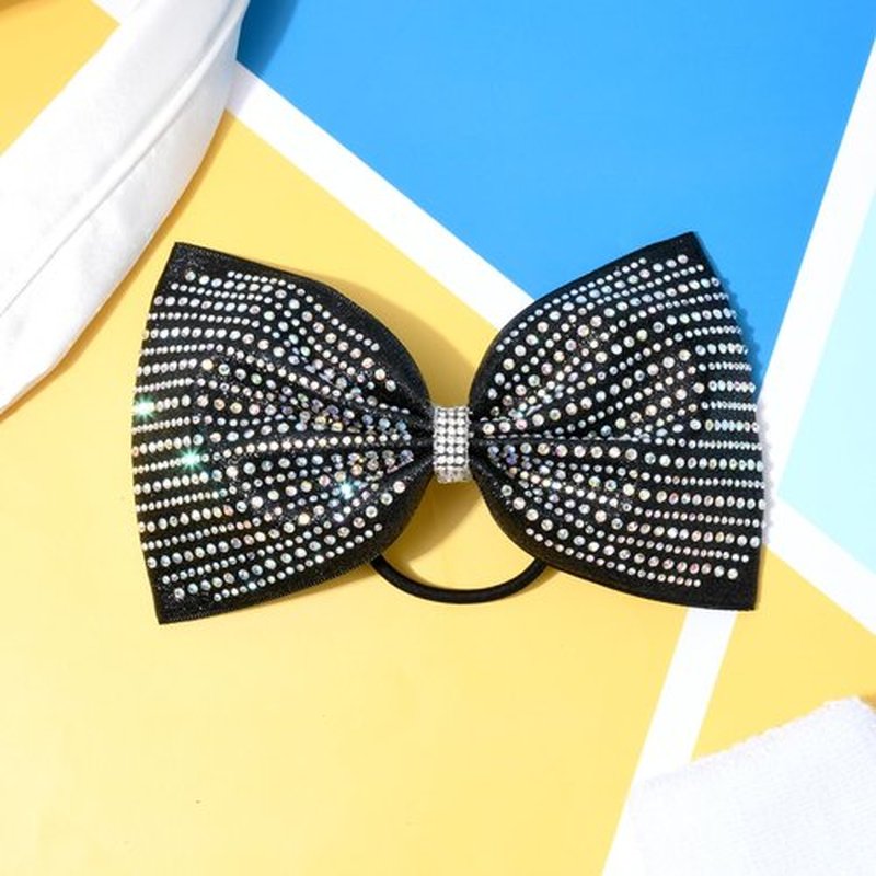 DEEKA Black Glitter Tailless Cheer Bows Large 6.5" Rhinestones Competition Hair Bow Elastic Band for Cheerleading Cheerleaders Girls (Glitter Black)
