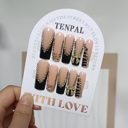TENPAL Long Square Press On Nails,Shimmery French Tip Designs Gold Black Fake Nails,Full Rhinestone/Zebra Striped Edges/Alloy Bow False Nail Tips,24pcs Reusable Artificial Nails Kits,Sweet Y2k Nails