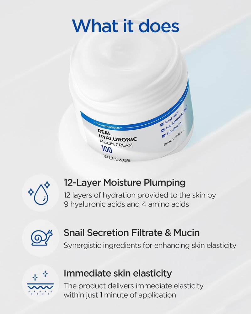 WELLAGE Real Hyaluronic Mucin Cream - Ultimate Hydration Face Gel Moisturizer - Pure Hyaluronic Acid & Snail Mucin, 1.69oz