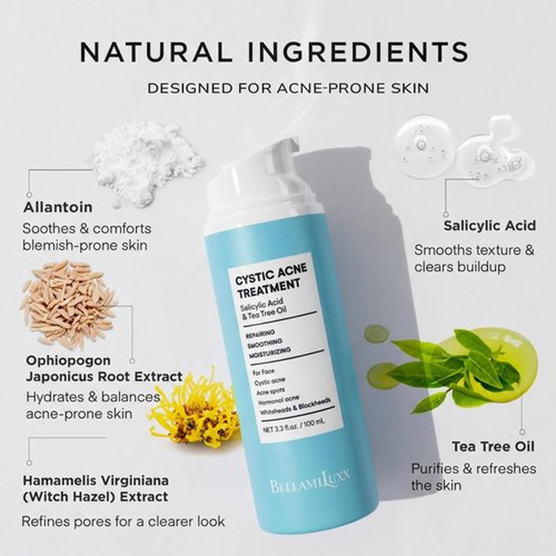BellamiLuxx Cystic Acne Treatment for Face: Hormonal Acne Treatment Cream for Teens & Adults - Salicylic Acid & Tea Tree Oil Pimple Spot Remover - Anti-Acne Moisturizer Reduces Redness, Blemishes