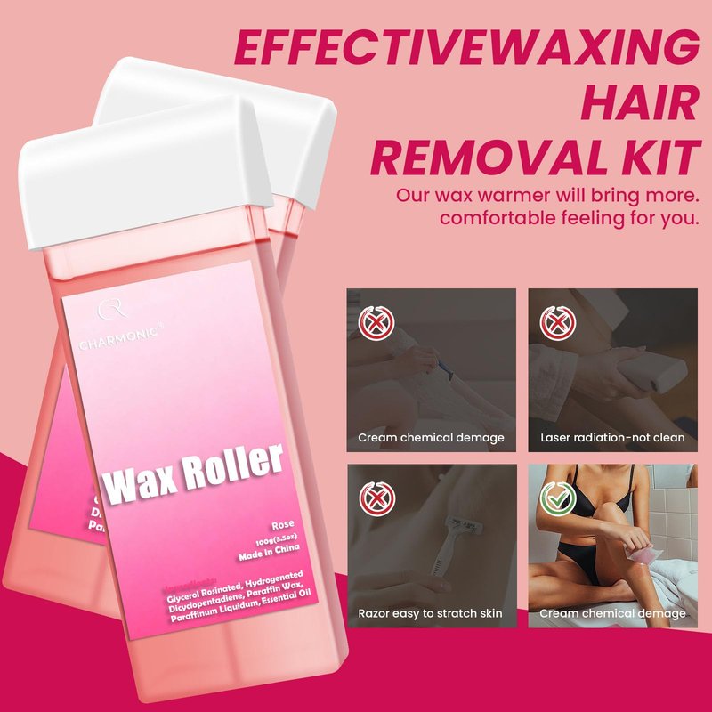Roll On Wax Kit, Portable Wax Roller Kit for Coarse/Fine Hair Removal, Beginners Waxing Roller for All Skin Types with 3 Pcs 100g Roll Cartridge, 100 Non-Woven Strips & 10 After Oil Wipes (F3_Pink)