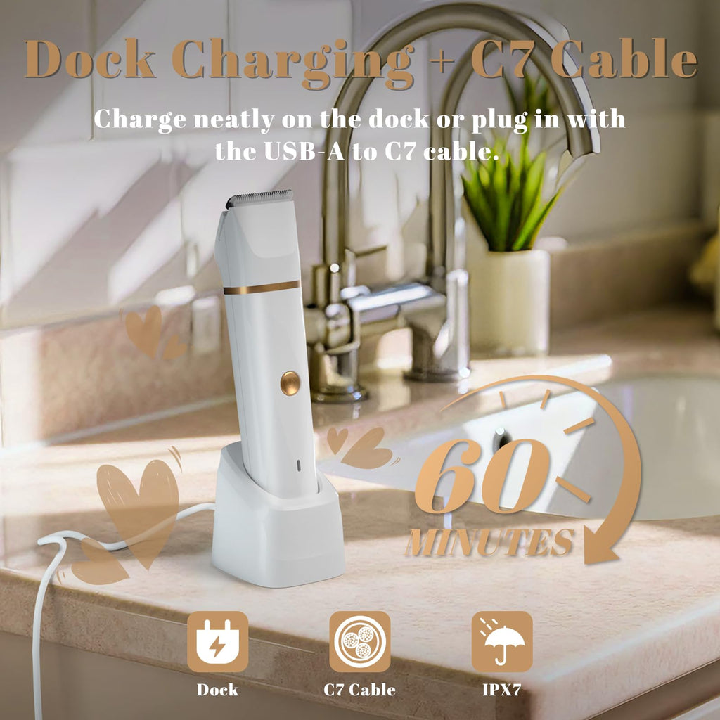 Fanovae 3-in-1 Bikini Trimmer for Women – Electric Razor for Women, Body Hair Trimmer with Charging Dock & USB-A to C7 Cable, IPX7 Waterproof, 1-Month Cordless Use, Safe Multi-Area Grooming – X5 White