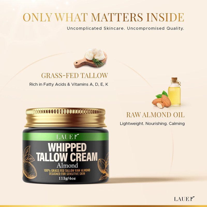 Whipped Tallow Cream 100% Grass-Fed Beef With Raw Almond Non-Greasy Deeply Moisturizer for Face Body Reduces Skin Irritation Sensitivity Smooth Soft Dry Skin Hydrating Treatment for Women 4oz