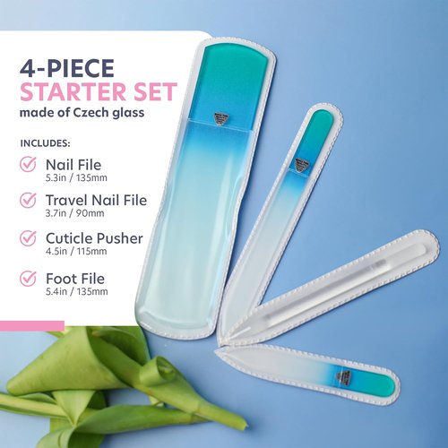 Bona Fide Beauty Handmade Czech Glass Manicure & Pedicure Gift Set - 4PC in Blue with Foot File & Cuticle Pusher