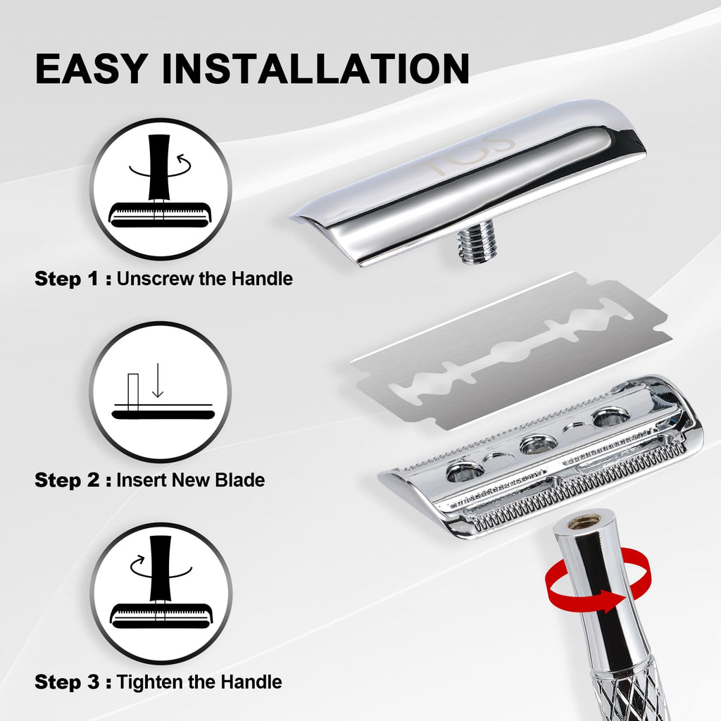 THE GROOMING SOCIETY Double Edge Safety Razor for Men with Stand and Silicone Cover - Durable Metal Eco-Friendly Single Blade Safety Razor with 10 Blades- Closed Smooth Shave (Silver)