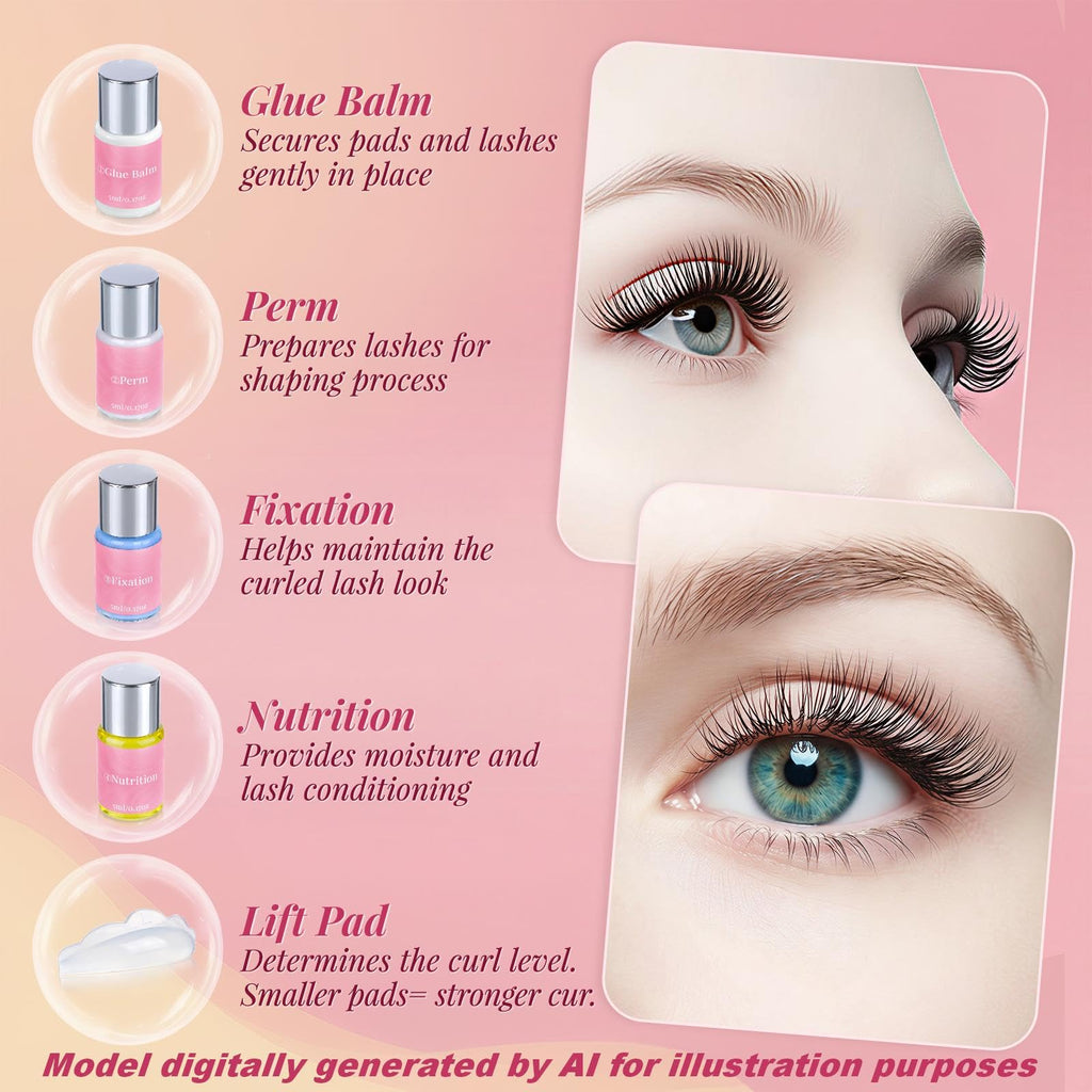 Lash Lift Kit, Eyelash Perm Kit with Glue Balm, Perm, Fixation, Nutrition, Silicone Pads for Lash Curling, Professional Lash Perm Set for Natural Long-Lasting Curl, Home Eyelash Lifting Kit for Women