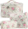 Skiennix Cute Makeup Bag Set - Quilted Floral Travel Cosmetic Organizer (3 Pcs, Pink Flower)