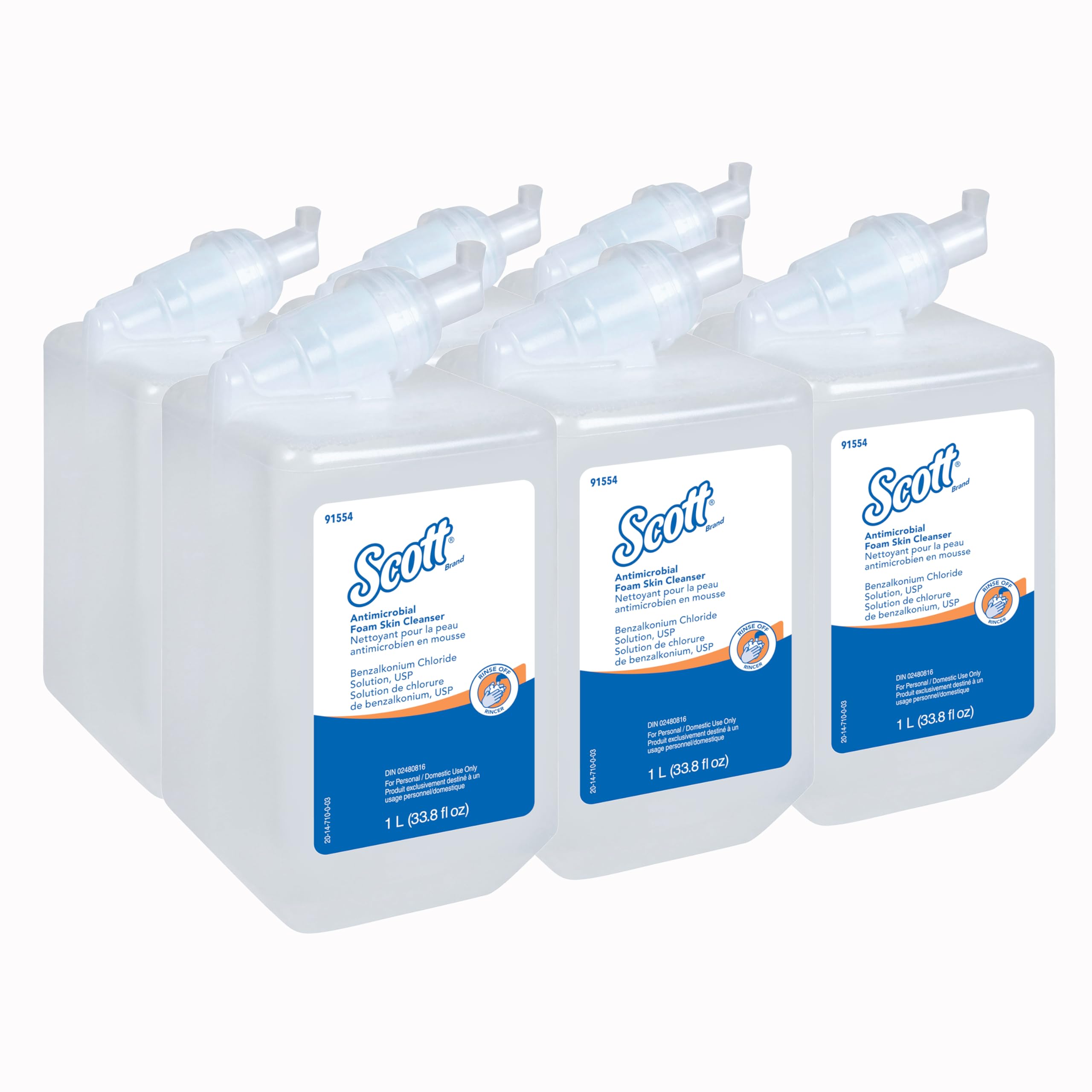 Scott Professional Antimicrobial Foam Skin Cleanser (91554), 1.0 L, Foaming, Clear, No Fragrance Added, Manual Hand Soap Refills, 0.1% Benzalkonium Chloride (6 Bottles)
