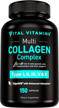 Vital Vitamins Multi Collagen Capsules - Type I, II, III, V, X - Grass Fed & Non-GMO - 150 Count