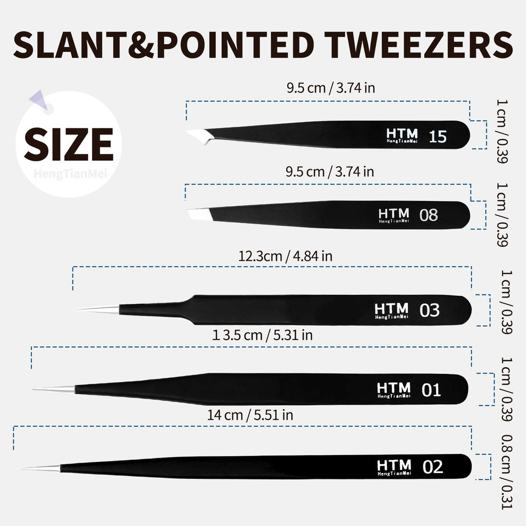 HengTianMei 8Pcs lash tweezers 3 Stainless Straight and 3 Curved Tip Eyelash Tweezers, With 2 Slant Pointed Precision Eyebrows Tweezers for eyelash extensions, Facial Hair, and Ingrown Hair Removal