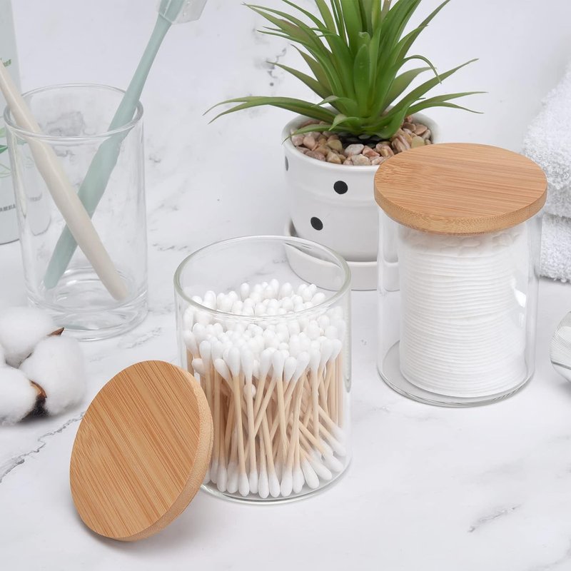 BKYFPQ Glass Qtip Holder Dispenser Set - Stylish Apothecary Jars with Lids | Makeup & Bathroom Organizer