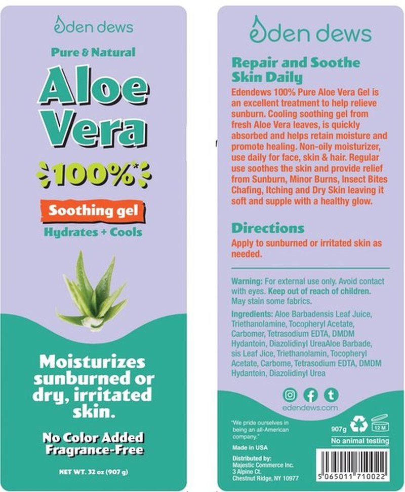 Eden Dews Organic Aloe Vera Gel 100% Pure & Natural Gel, Moisturizing, Face Skin & Hair Care, Made in USA, Unscented (1, Large (32 OZ)