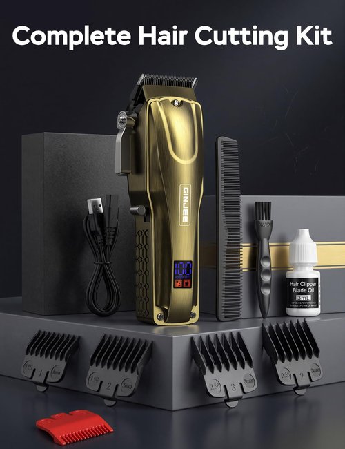 GinJee Hair Clippers for Men, Cordless & Corded Barber Clipper with 5Hrs Runtime, 7000RPM Rotary Motor & LED Display, Waterproof Professional Hair Cutting Kit for Men and Home Use (Gold)