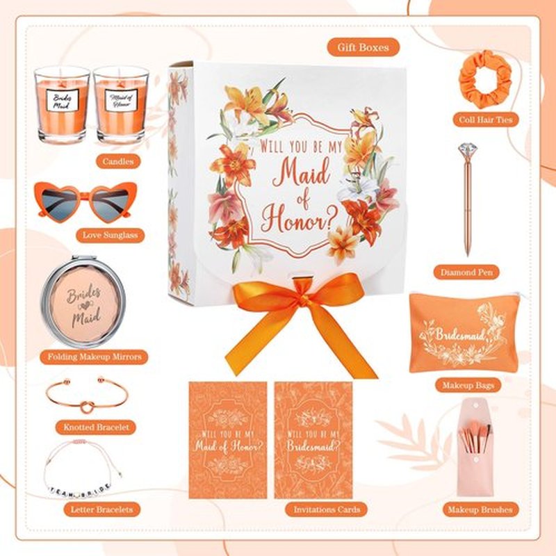 Nuogo 88 Pcs 8 Sets Bridesmaid Proposal Gift Wedding Bridesmaid Box Set Maid of Honor Gift Include Box Candle Invited Cards Scrunchies Hair Elastics Ties Knotted Bracelets Diamond Pens(Orange,Pretty)