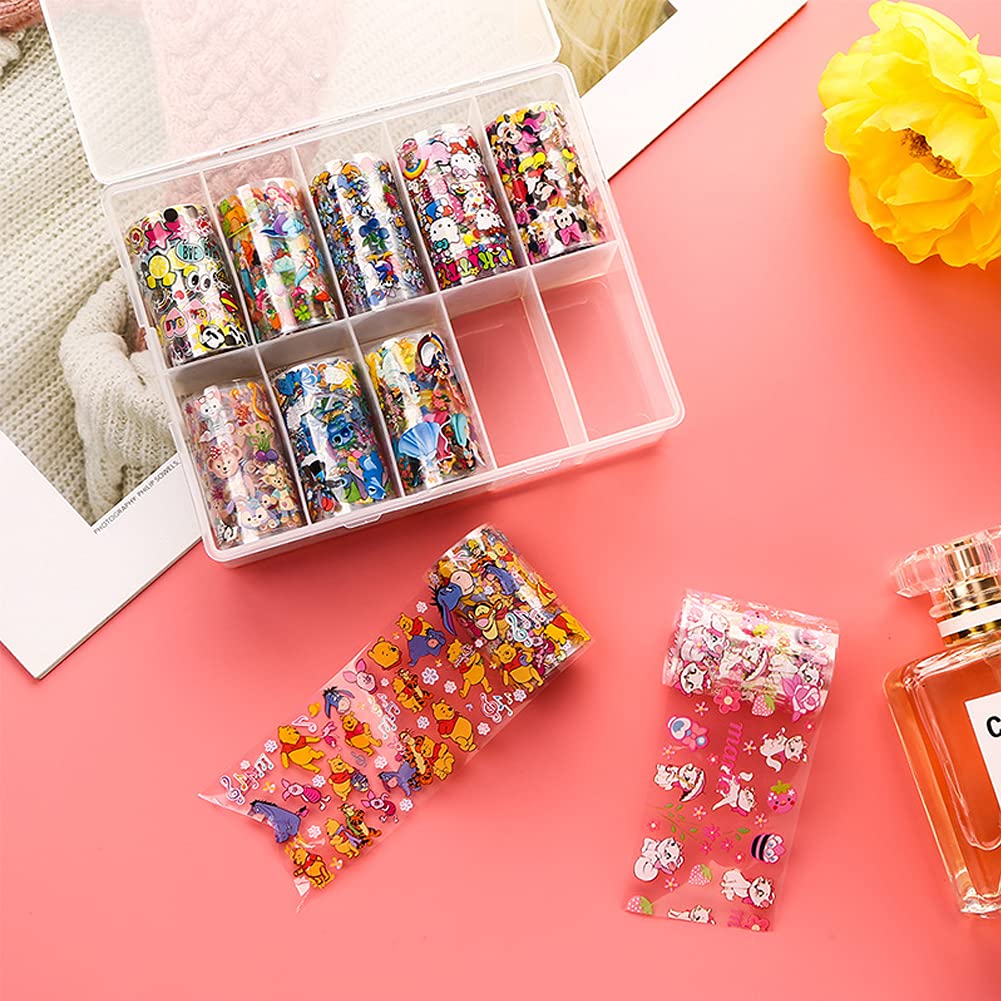 10 Rolls Cute Cartoon Nail Foil Transfer Stickers Nail Art Supplies Designer Nail Stickers Holographic Nail Art Foil Decals Cartoon Nails Designs for Women Acrylic Nails Decoration