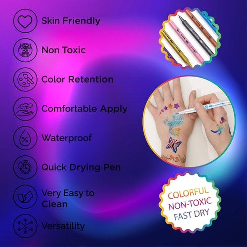 12 Metallic Temporary Tattoo Markers – Create Temporary Tattoos with Dual-Tip Body Markers, Bold & Fine Lines, Waterproof, Fast-Drying, Non-Toxic, 42 Stencils, Fake Tattoos Set, Tattoo