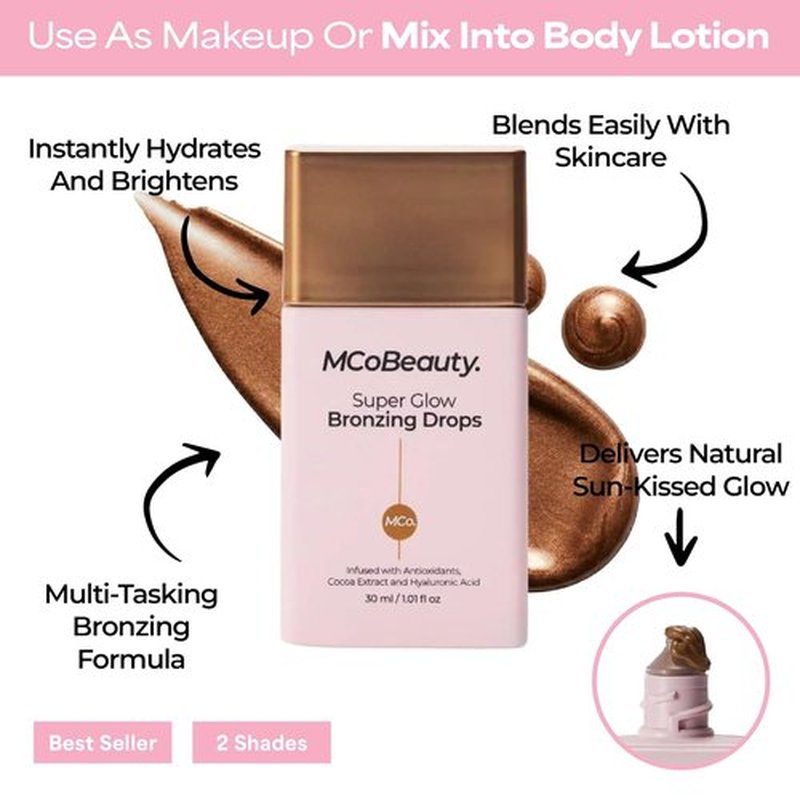 MCoBeauty Super Glow Bronzing Drops - Hydrating Liquid Bronzer in Sun Kissed Shade - Vegan Formula with Jojoba Oil & Hyaluronic Acid
