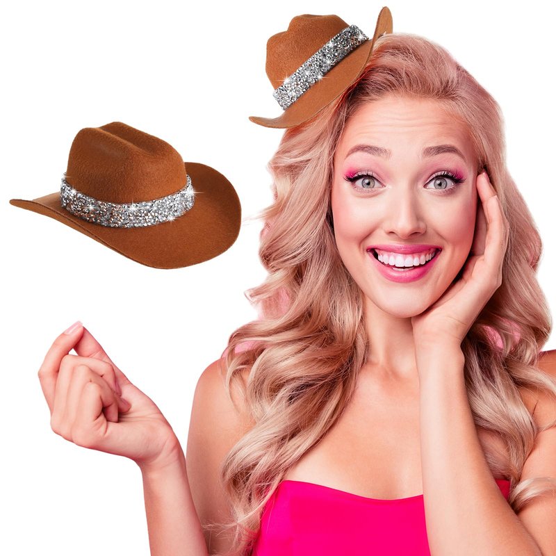 Zeyune 6 Inch Cowboy Hat Hair Clip with Rhinestones Cowgirl Mini Small Hat Clip for Disco Western Party Decoration(Coffee)