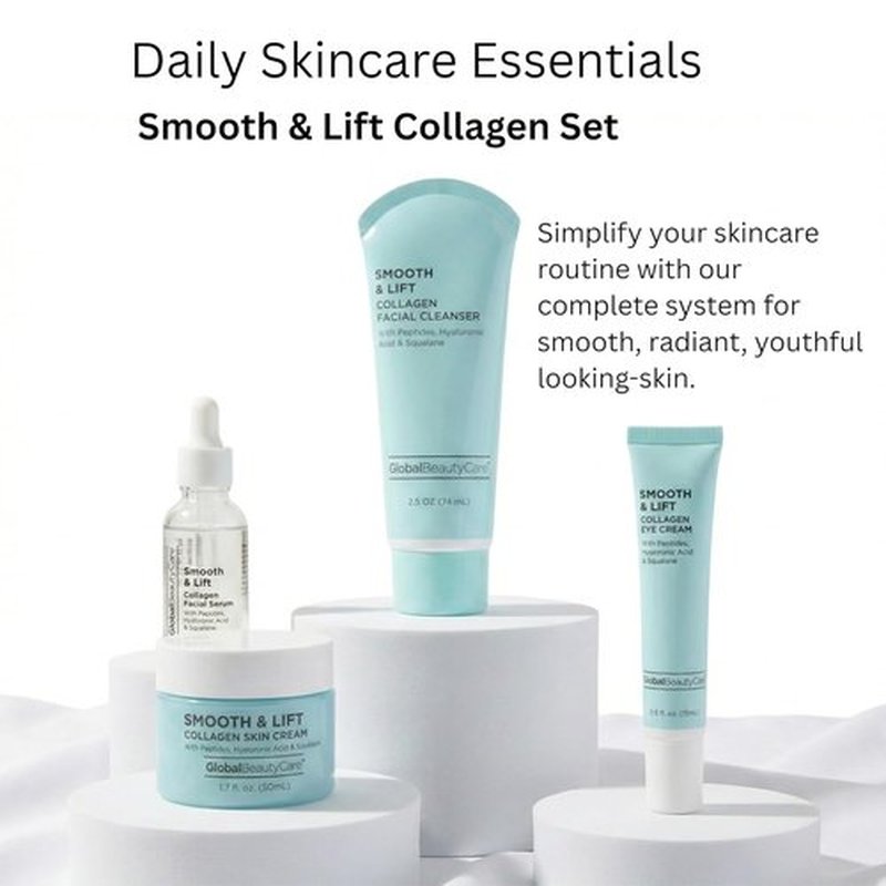 Global Beauty Care Collagen Skin Care Set - Hydrating & Firming Facial Cleanser, Serum, Eye Cream & Face Cream | 4-Piece Routine with Peptides & Hyaluronic Acid