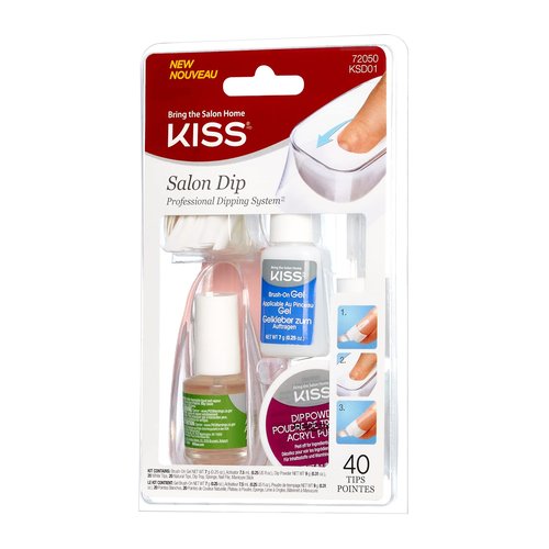 KISS Salon Dip Professional Dipping System Dip Powder Manicure Kit, Brush-On Gel, Dip Powder, Activator, 2 Brushes, Dipping Tray, Cuticle Stick, Sponge, Nail File, & 40 Fake Nails