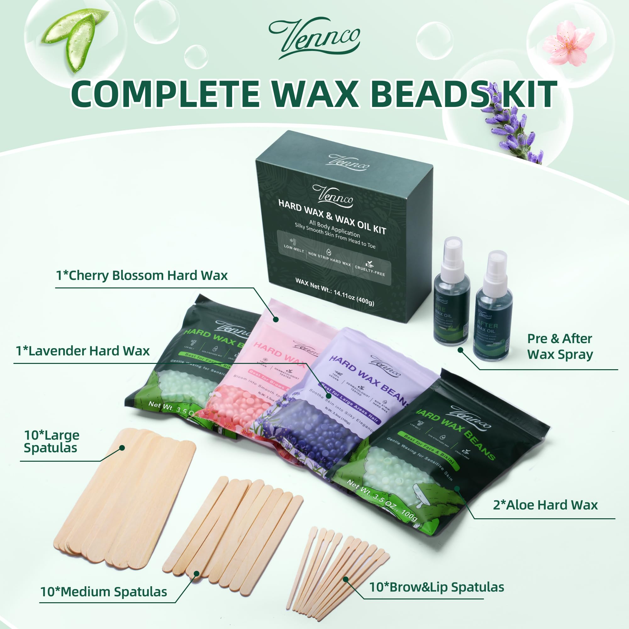 Vennco Hard Wax Beads Kit for Hair Removal, 36 Pieces Wax Beads for Full Body, Face, and Brazilian Bikini, Aloe, Lavender, Cherry Blossom - Includes Pre and Post Wax Oils