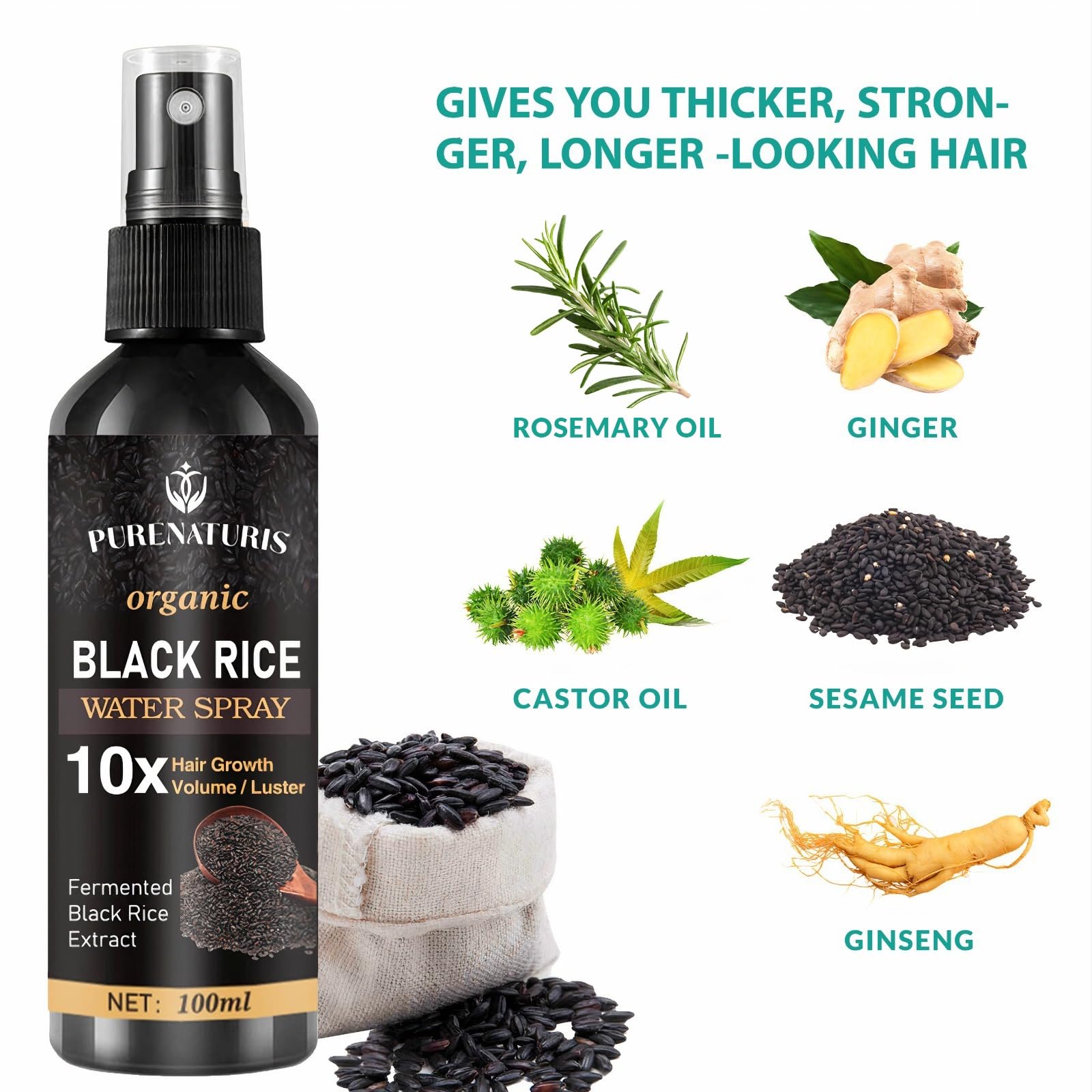 PureNaturis Castor oil Ginger Rice Water for Hair Growth Serum - Leave-In Spray for Men & Women, Effective for Hair Loss, Dry Damaged Hair, Hair Regrowth for Thicker, Fuller, Longer Hair, 3.5 fl oz