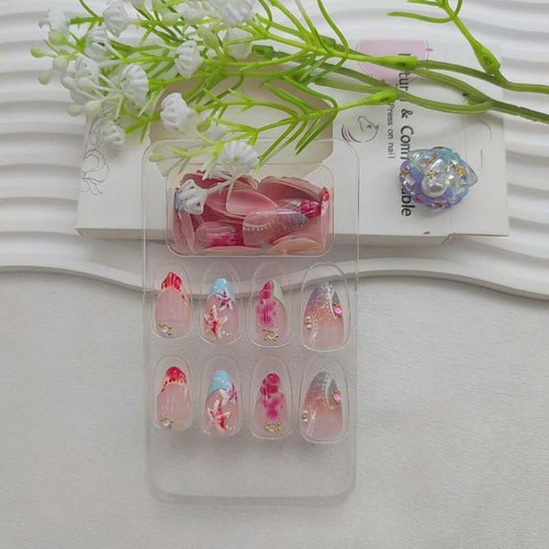 Summer Press on Nails Short Almond Fake Nails with 3D Starfish Pearl Designs Blue French Tip Nails Press ons Glossy Glue on Nails Gradient Acrylic Nails Nude Stick on Nails for Women 24Pcs