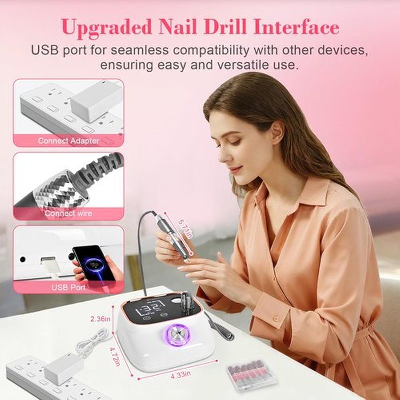 Premium Professional Electric Nail Drill & File Kit — 45,000 RPM High-Speed Handpiece with LCD Display, 7 Versatile Bits, Low Noise & Heat, Perfect for Salon & Home Use(White)