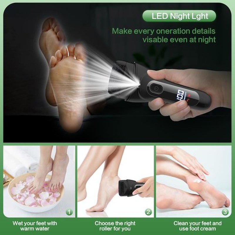 Sokadanch Electric Foot File Pedicure Feet Hard Skin Remover Foot Scraper Dry Dead Skin Remover Callus Exfoliator Rechargeable Feet Scrubber with 3 Replacement Rollers Foot Care Skin Removers, Black
