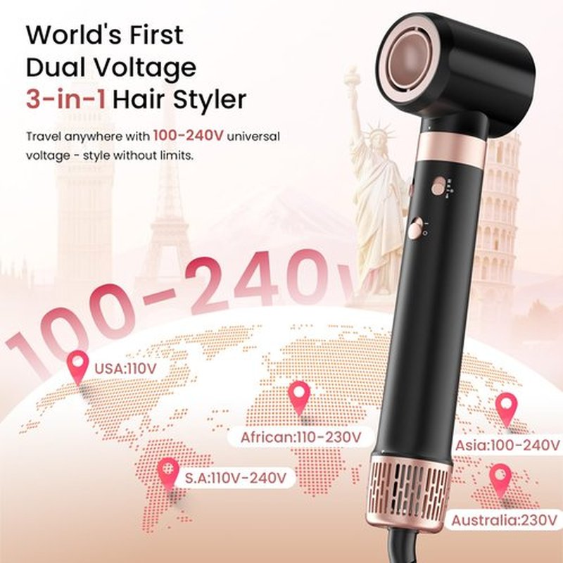 Dual Voltage 3 in 1 Hot Hair Styler – High-Speed Hair Dryer with Air Styler with Long Barrel Air Styler, European Hair Tools Styling, Fast Drying and Quick Styling, Travel Case,Gifts for Women
