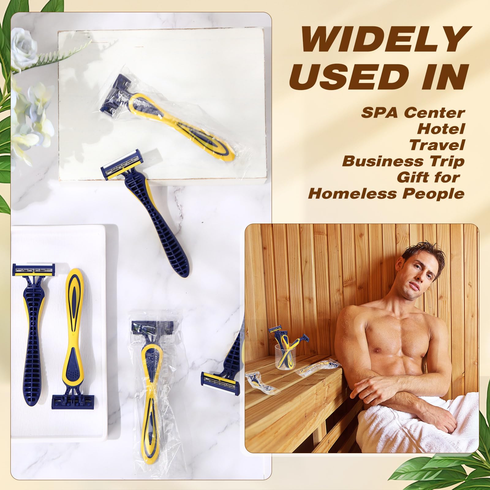 Leriton 40 Pcs Men's Disposable Razors Bulk 3 Blade Sensitive Skin Head Shaving Razor for Travel Hotel Saunas Spa Donations Collective Use Daily