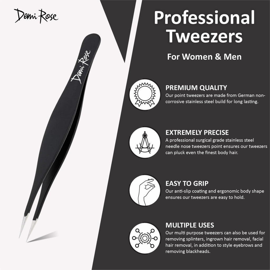 Pointed Tweezers | High Carbon Stainless Steel Ingrown Hair Tweezers | Needle Nose Tweezers Precision Perfectly Aligned & Hand Filed Splinter Tweezers