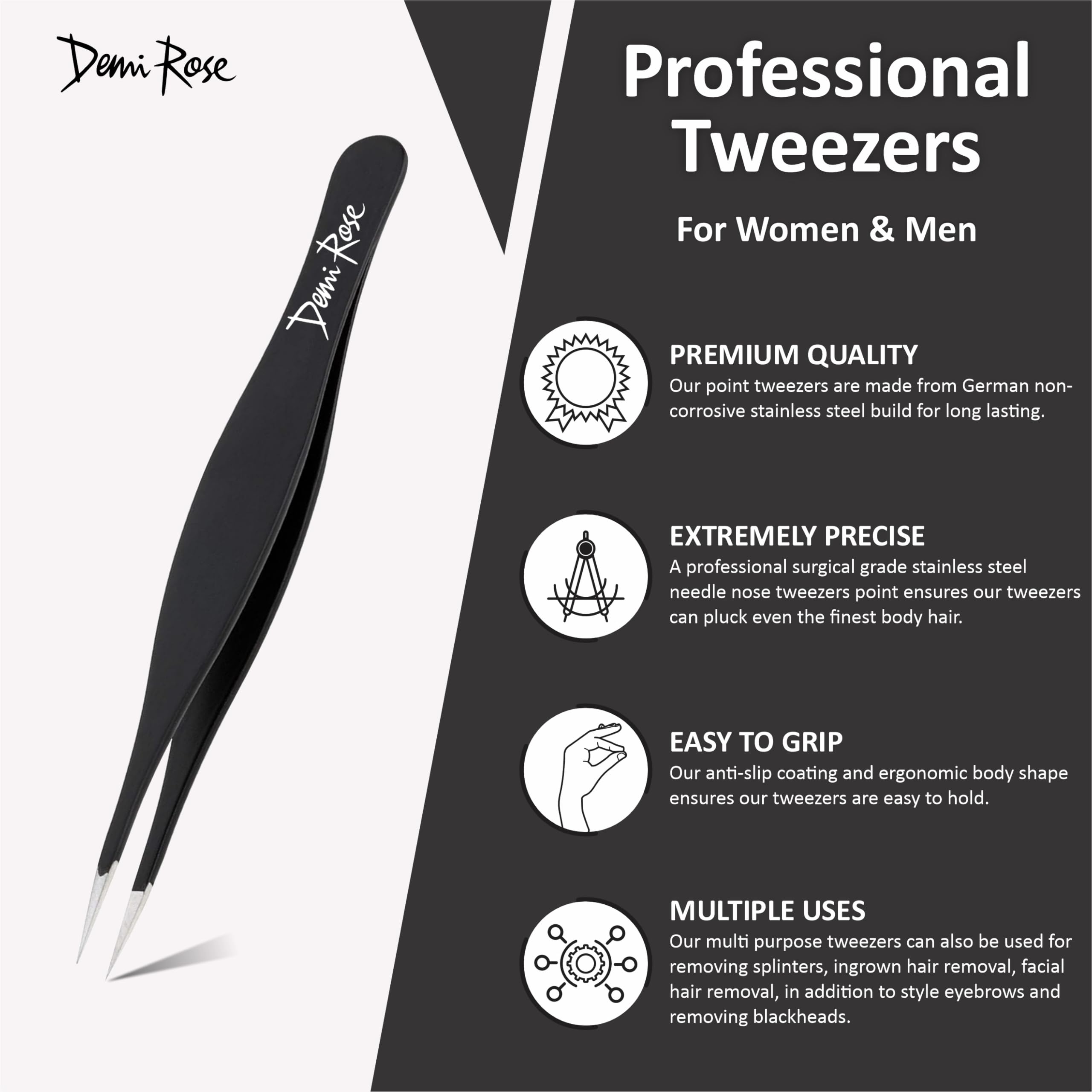 Pointed Tweezers | High Carbon Stainless Steel Ingrown Hair Tweezers | Needle Nose Tweezers Precision Perfectly Aligned & Hand Filed Splinter Tweezers