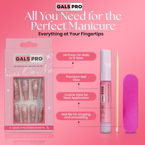 GALSPRO Long Press on Nails - Set of 24 Fake Nails with Designs in 12 Different Sizes for Perfect Fit, Cute False Nails Kit for Women with 0.07oz Nail Glue, A Double Sided Nail File & Cuticle Stick