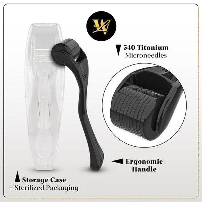Derma Roller for Skin, Hair & Beard – Women and Men Titanium Microneedling Roller for Face & Scalp, Safe & Easy to Use - Glossy Black