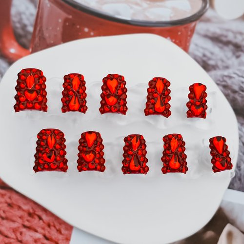 Tesytto Red Chrome Press on Nails Short Duck, Full Rhinestones Red Heart Fake Nails 3D Luxury Acrylic Duck Nails Thickened False Nails (Crimson Glimmer Enchant,M)