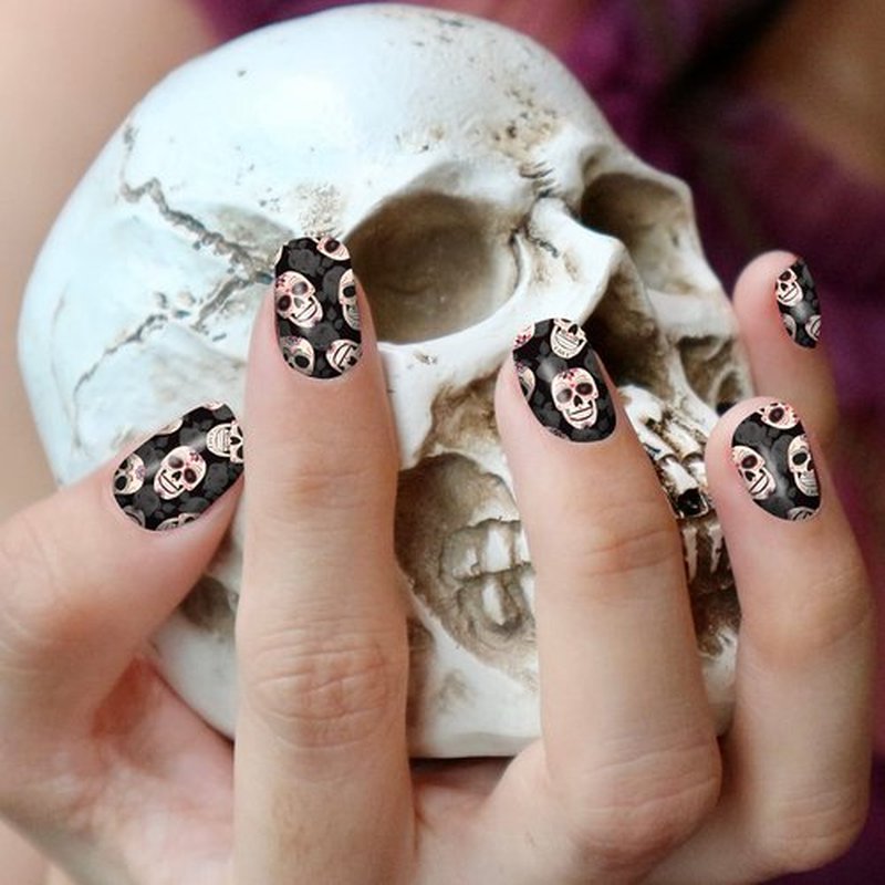 TailaiMei 12 Sheets Day of The Dead Nail Wraps Strips Stickers, Día de Muertos Self-Adhesive Halloween Skulls Nail Art Decals for DIY Horror Nail Decorations (Skull Style)