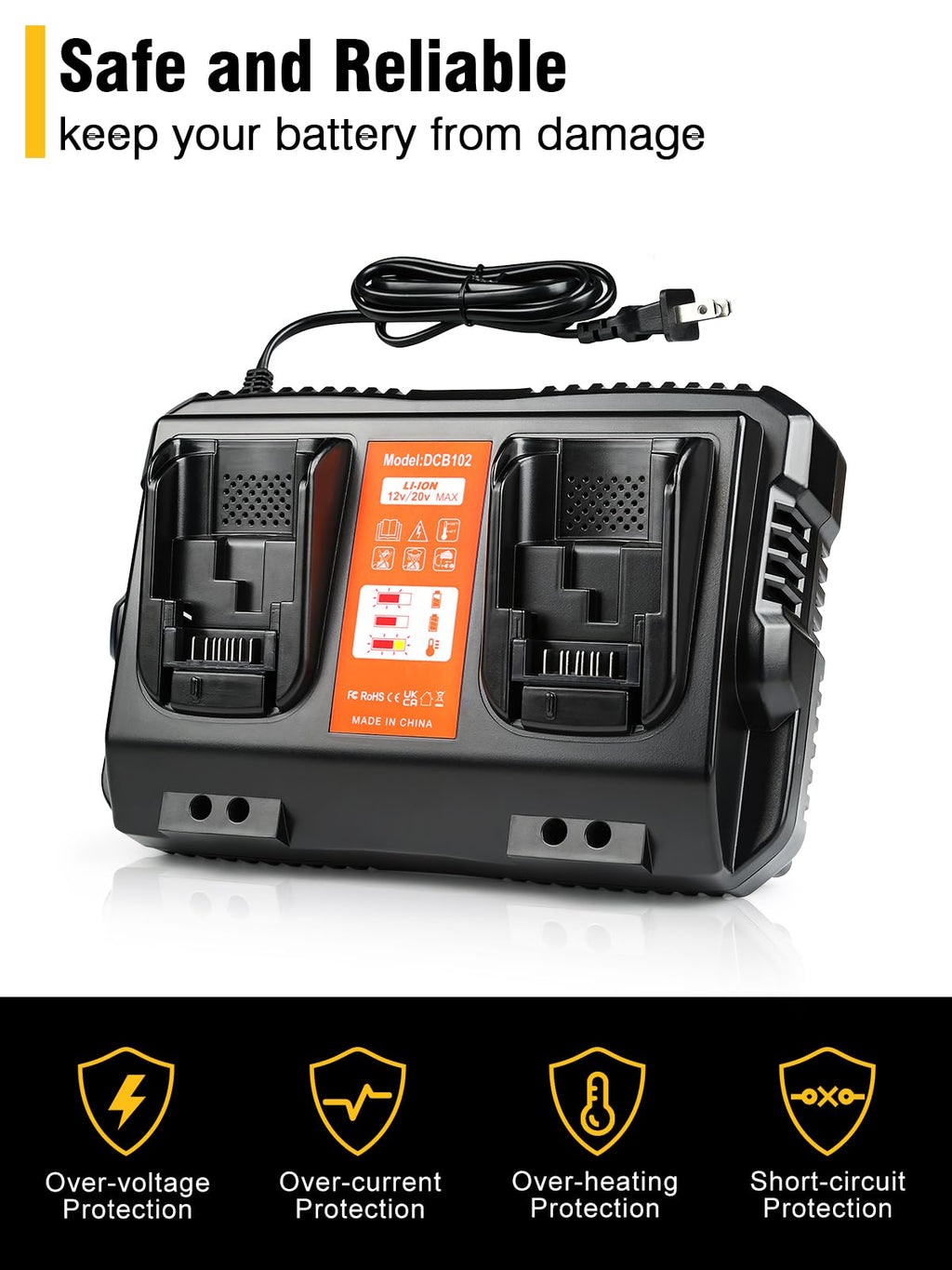 DCB102 20V MAX Battery Charger Replacement for Dewalt Battery Charger, 2 Port Charger Compatible with Dewalt 12V-20V Batteries