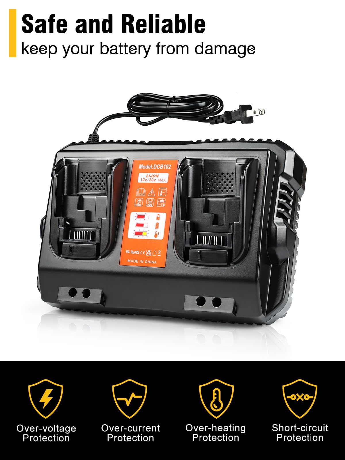 DCB102 20V MAX Battery Charger Replacement for Dewalt Battery Charger, 2 Port Charger Compatible with Dewalt 12V-20V Batteries