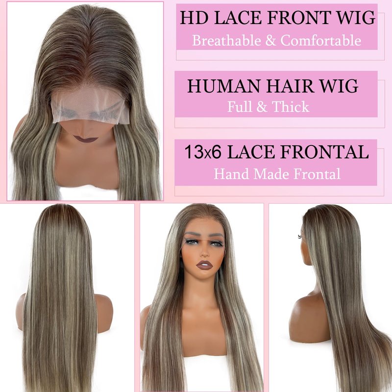 Valiilo 13x6 HD Lace Front Wig Human Hair Ombre Highlight Ash Blonde 180% Density Colored Straight Wig for Women Glueless Lace Frontal Wig Pre Plucked Dark Brown Roots Human Hair Wig 18 Inch