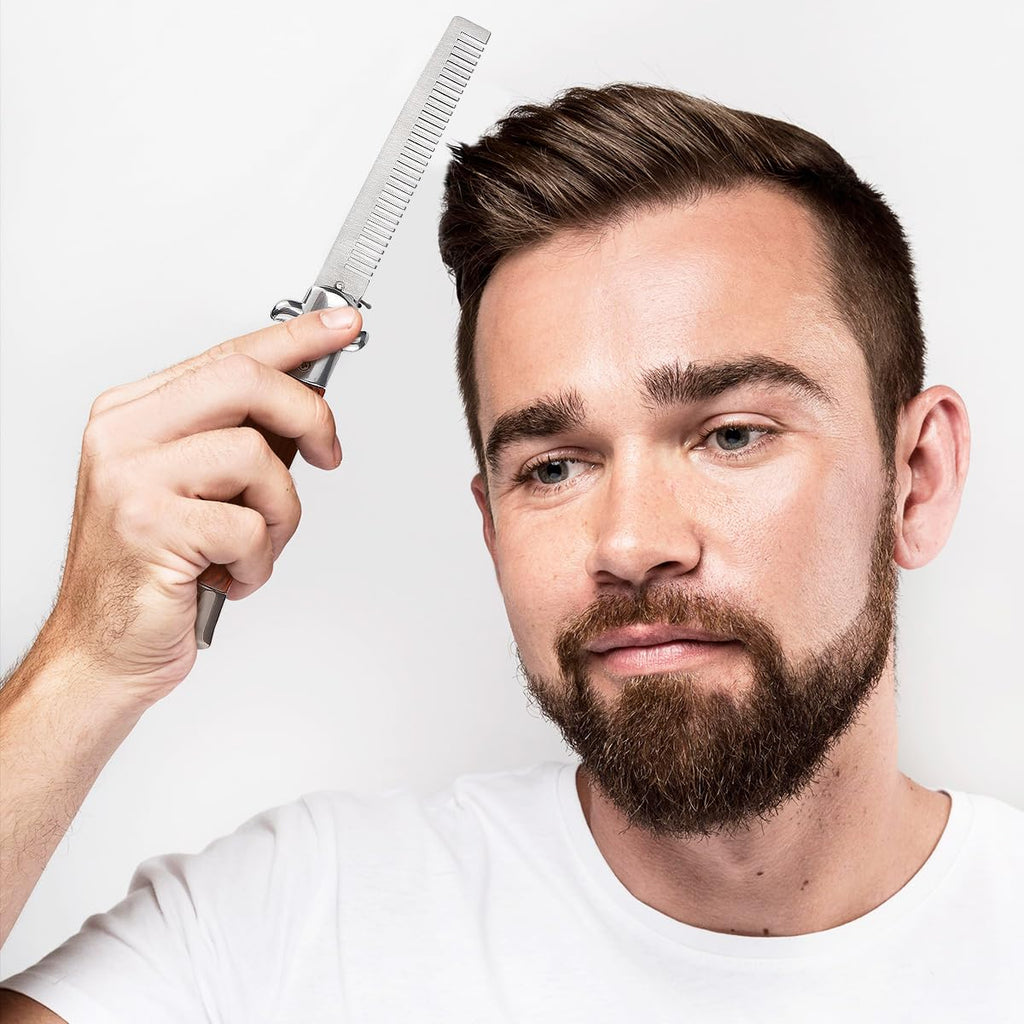 Stainless Steel Folding Comb with Wood Handle - Push Button Pocket Comb for Hair Styling