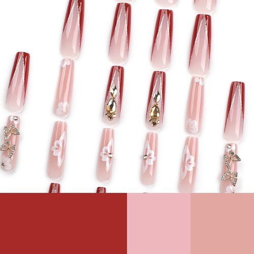 Aegenacess Press On Nails Square - Red Press On Nails Extra Long, Luxurious Glue On Nails with 3D Butterfly Rhinestones, Semi-Transparent Nude Stick On Nails, Handmade 24PCS Fake Nails in 12 Sizes