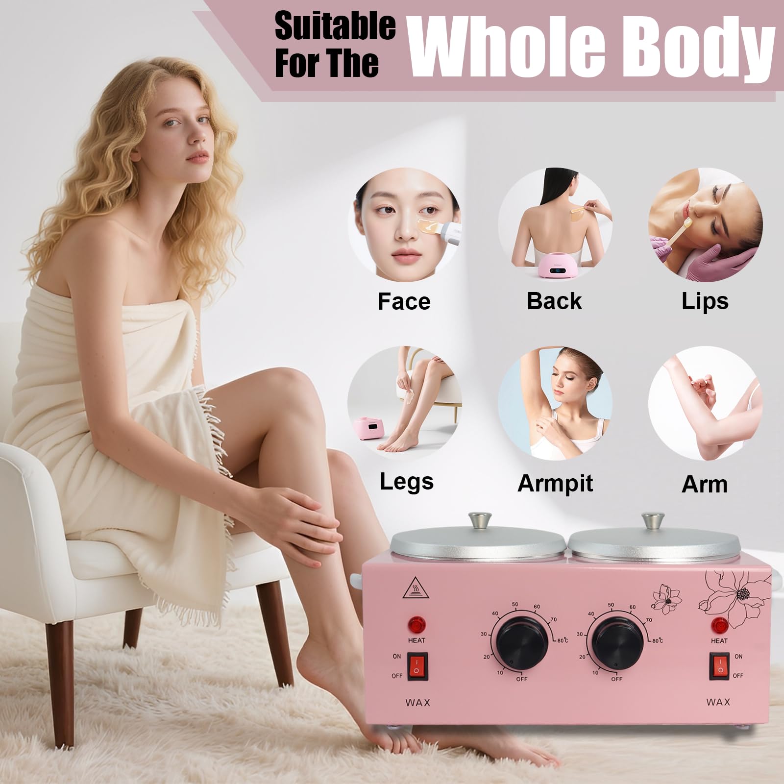 Wax Warmer Double Pot, Professional Electric Heater for Facial, Body, Spa, and Salon, 1.2L Dual Adjustable Temperature with 100 Wooden Craft Sticks, Hair Removal (Pink)